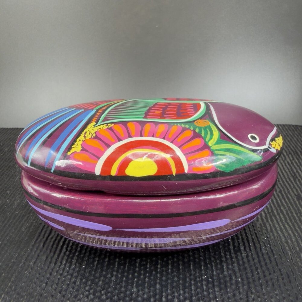 Hand Made Mexican Pottery Redware Trinket Dish Jewelry Holder Hand Painted Oval